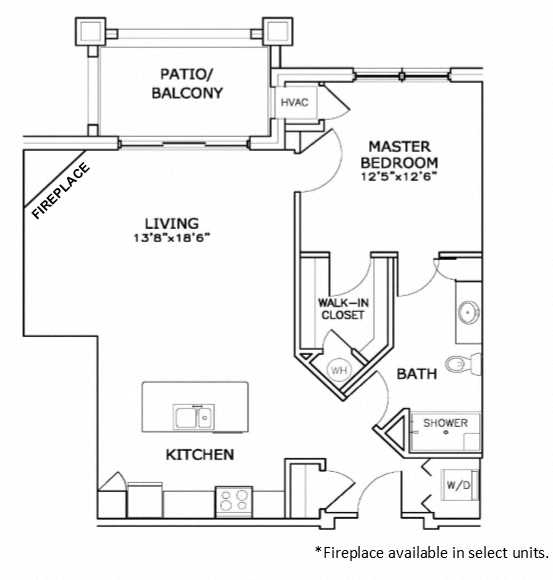 Floor plan for 1 bed, 1 bath, 844 sqft